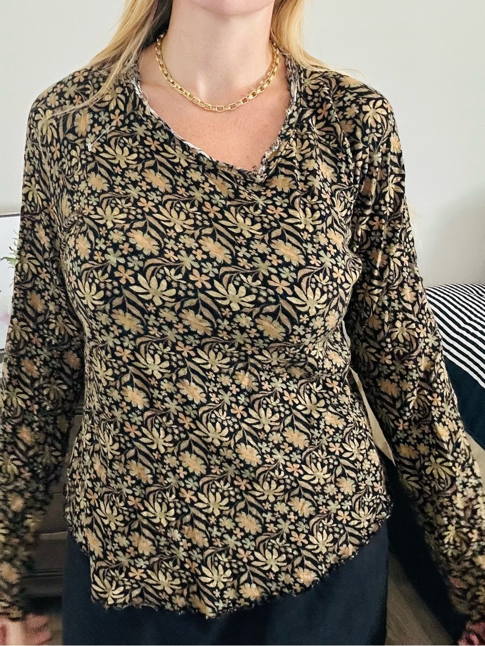 NATURAL LIFE Black Long-Sleeve Tee with Tan Floral Print